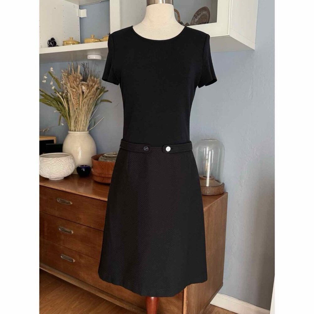 Vtg Courrèges Black Knit Dress Cotton Blend Quilted Skirt Waist Logo Tabs